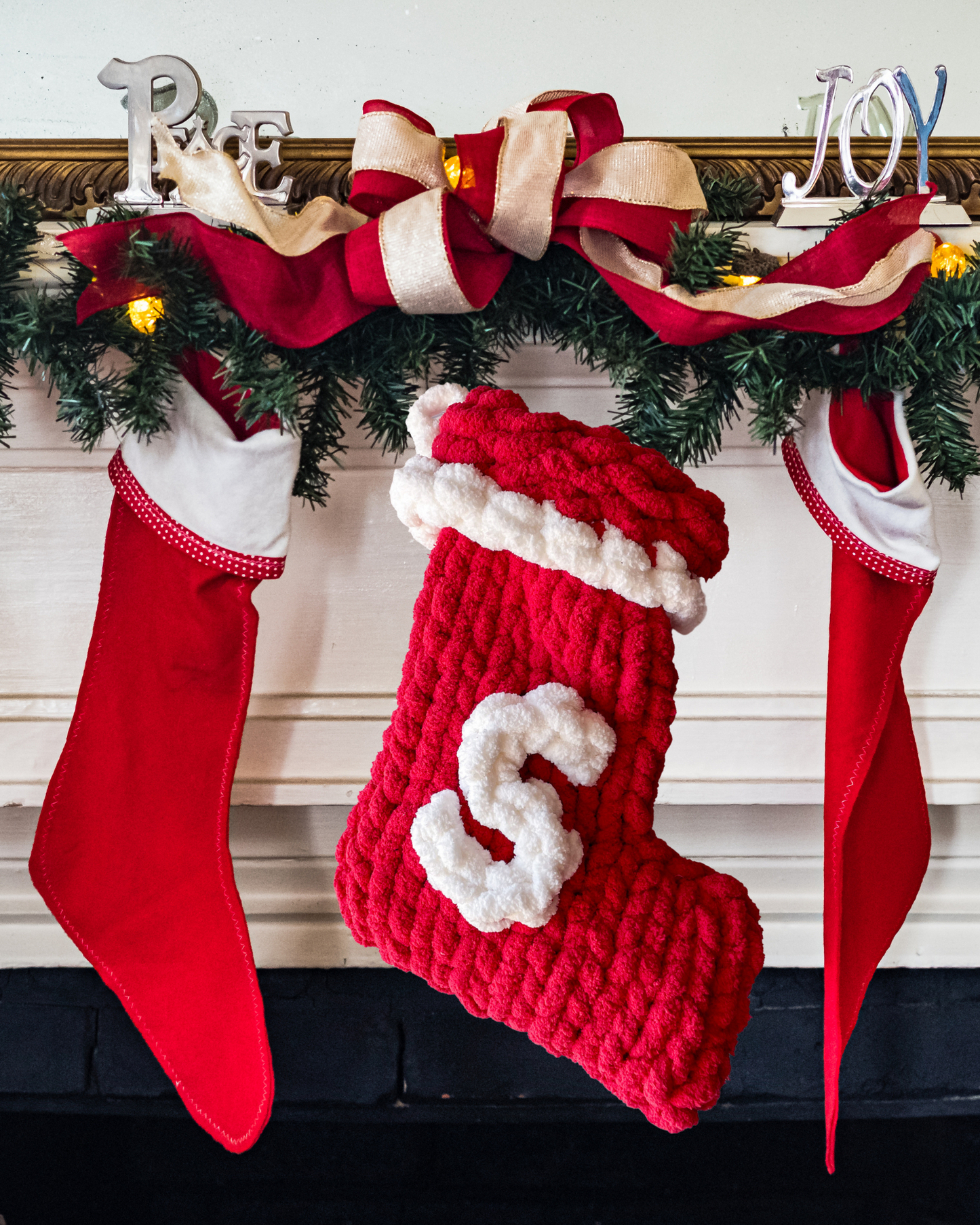 Monogram Christmas Handknit Yarn Stocking - Red and white 17”