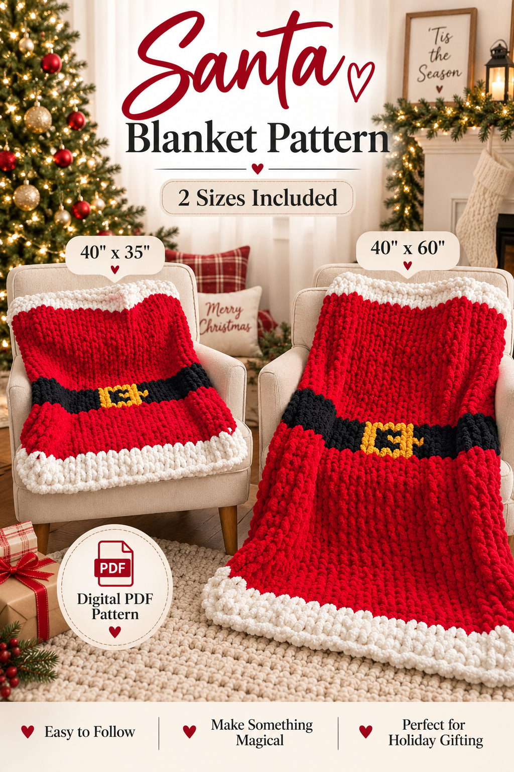 Santa Blanket Knitting Pattern – 2 Sizes | Chunky Chenille DIY Digital Download