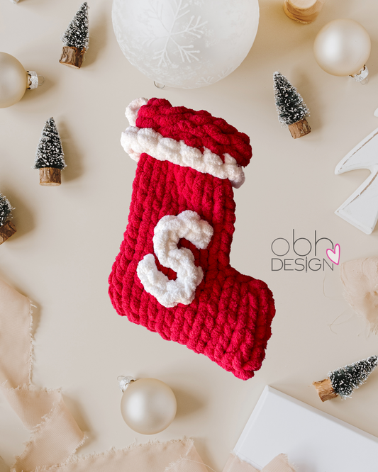 Monogram Christmas Handknit Yarn Stocking - Red and white 17”