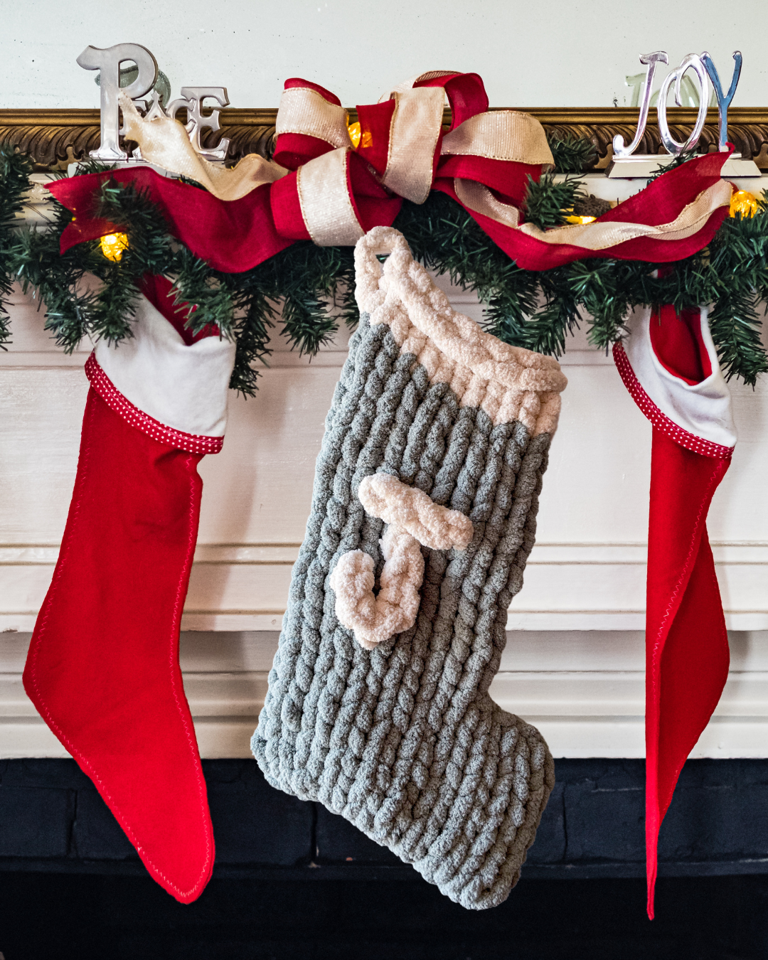 Monogram Christmas Handknit Yarn Stocking - mint green and white 17”