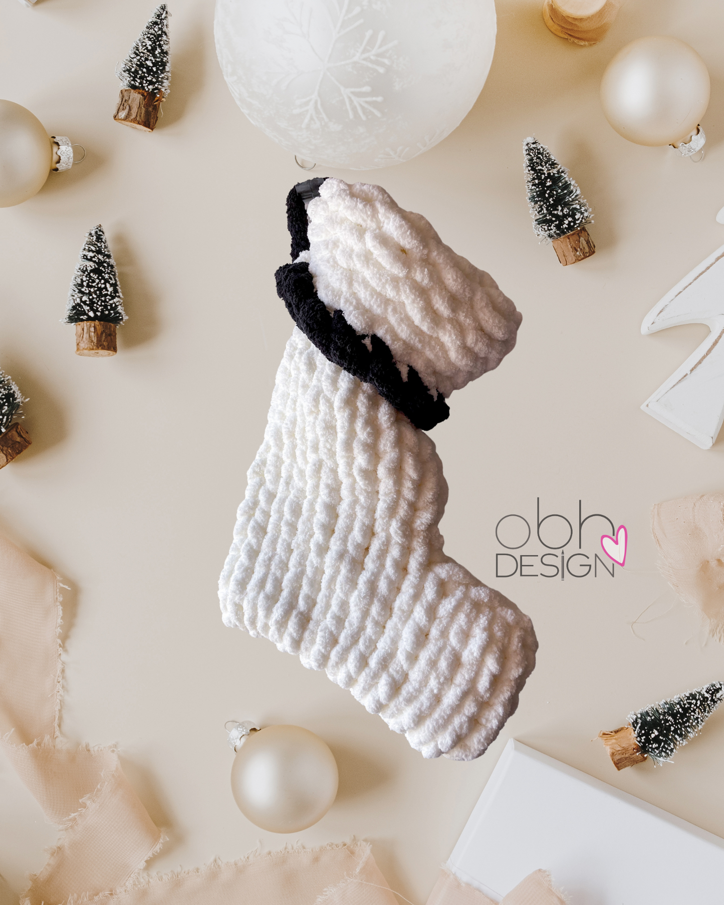 Christmas Handknit Yarn Stocking - White with Black 17”