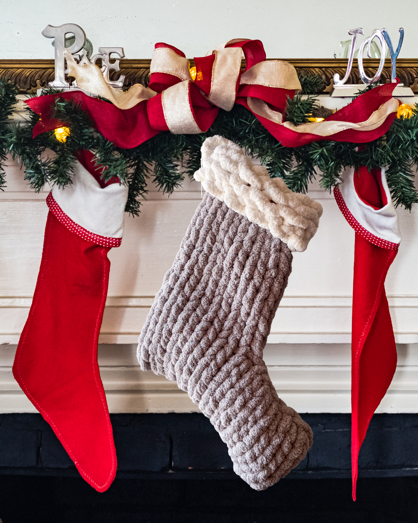 Christmas Handknit Yarn Stocking - Light Grey and white 17”