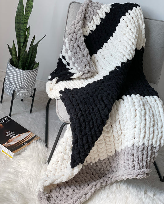 Healing Hand, Chunky Knit Blanket Black, White and Grey Stripes