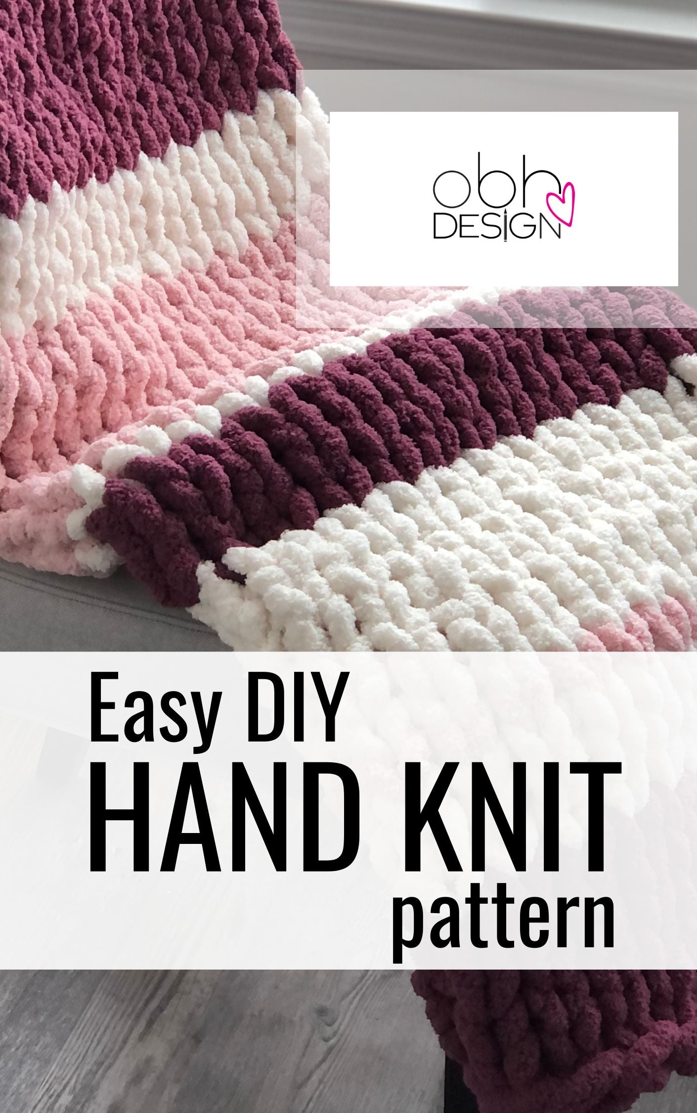 KNITTING PATTERN ~ DIGITAL DOWNLOAD ~ Raspberry Stripe Blanket ~ Chunky Chenille