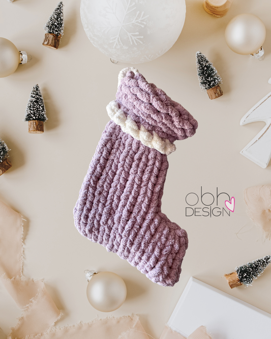 Christmas Hanknit Yarn Stocking - Lavender with White 17”