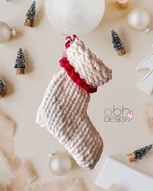 Christmas Handknit Yarn Stocking - White with Red 17”