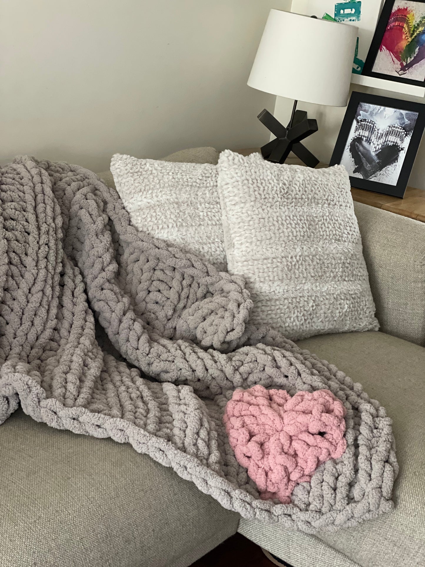 *PRE-ORDER - Healing Hand, Chunky Knit Blanket Light Grey with Soft Pink Heart - double sided heart design