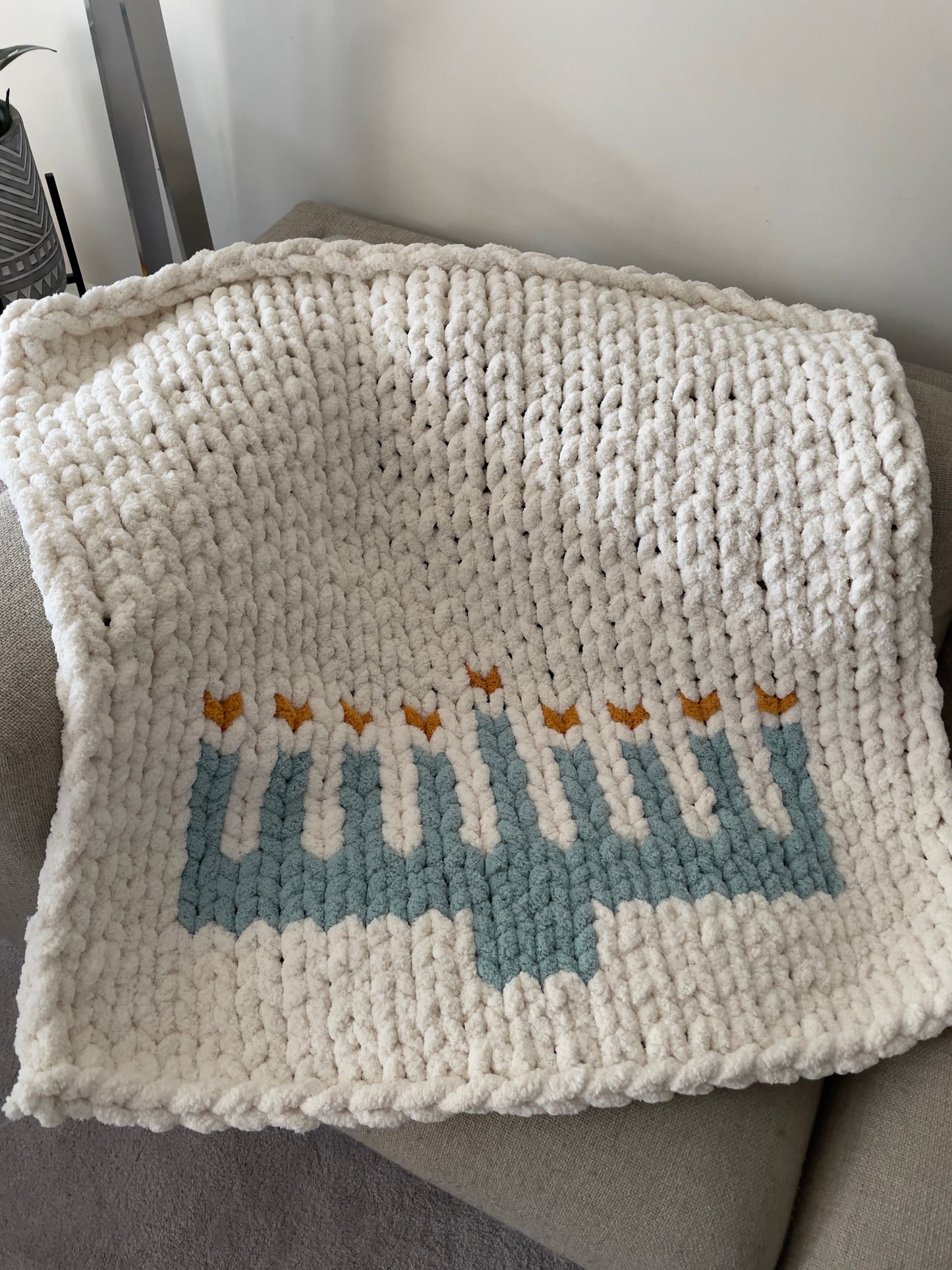 Chanukah Menorah Blanket Knitting Pattern: Chunky Chenille Throw (PDF)
