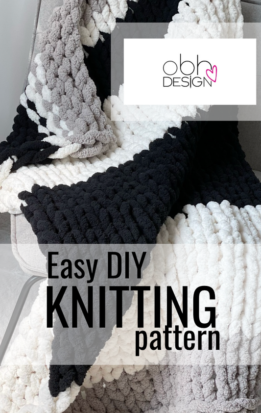 KNITTING PATTERN ~ DIGITAL DOWNLOAD ~ Black, White and Light Grey Stripe Blanket ~ Chunky Chenille