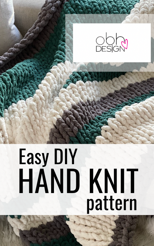 KNITTING PATTERN ~ DIGITAL DOWNLOAD ~ Green, White and Dark Grey Stripe Blanket ~ Chunky Chenille