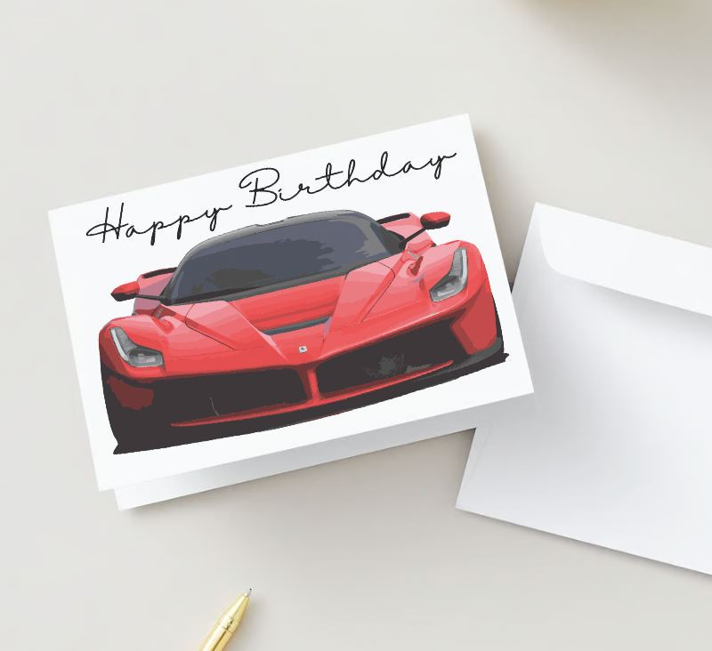 Happy Birthday Red Sports Car Digital Card | Car Enthusiast-Themed Birthday Printable Greeting Card