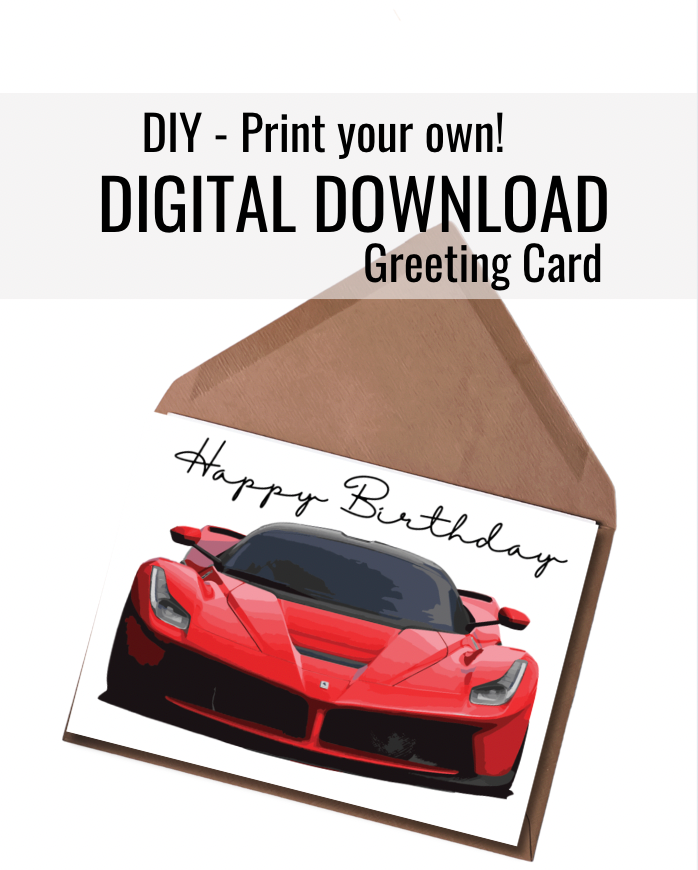 Happy Birthday Red Sports Car Digital Card | Car Enthusiast-Themed Birthday Printable Greeting Card