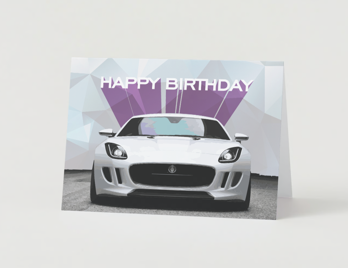 Happy Birthday White Sports Car Digital Card | Car Enthusiast-Themed Birthday Printable Greeting Card