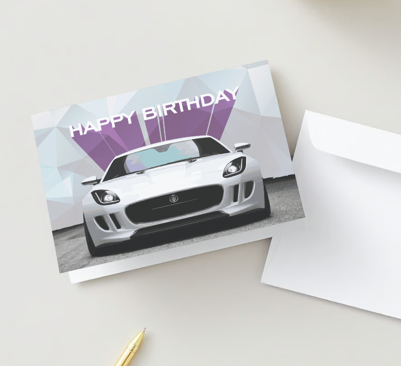 Happy Birthday White Sports Car Digital Card | Car Enthusiast-Themed Birthday Printable Greeting Card