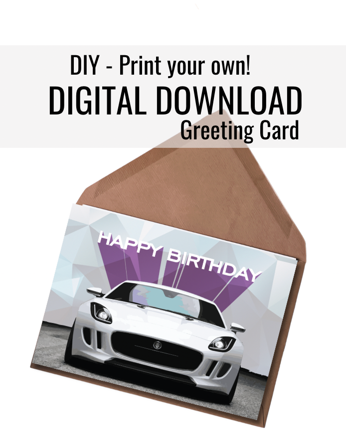 Happy Birthday White Sports Car Digital Card | Car Enthusiast-Themed Birthday Printable Greeting Card