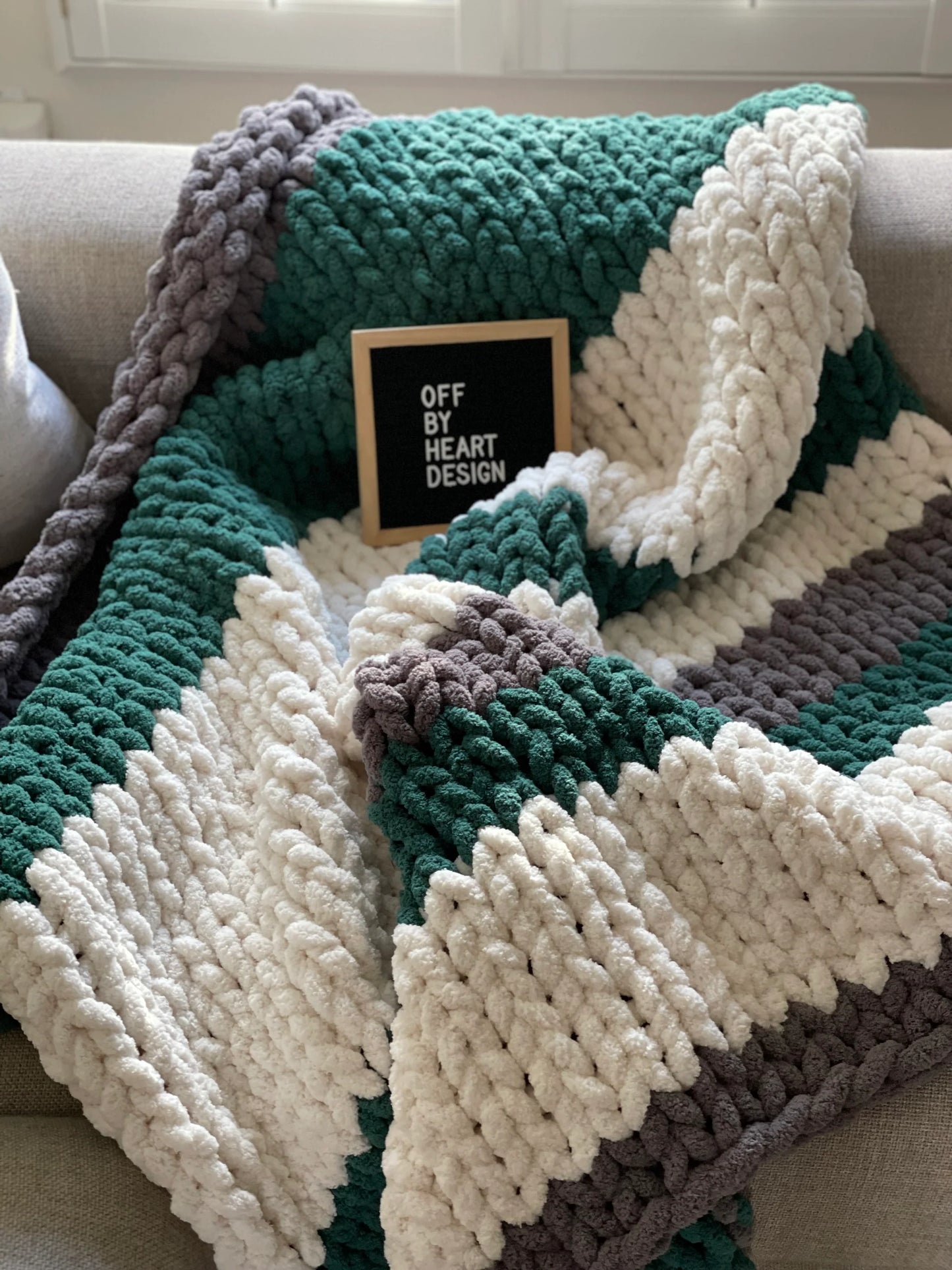 KNITTING PATTERN ~ DIGITAL DOWNLOAD ~ Green, White and Dark Grey Stripe Blanket ~ Chunky Chenille (Copy)