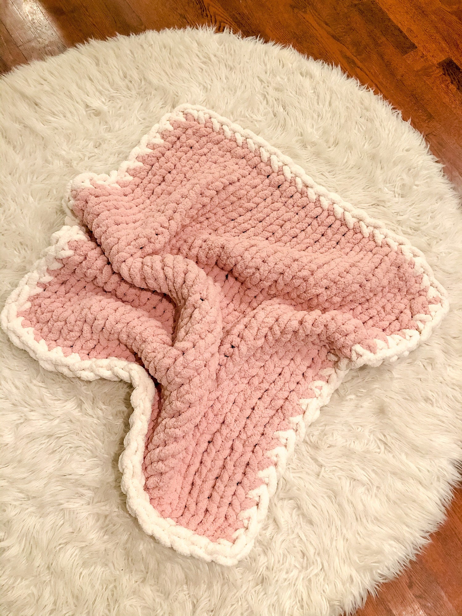 Hand Knit Chunky Baby Blanket: Cozy Pink Blanket with White Edge
