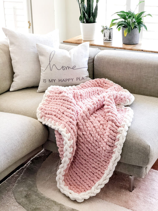 Hand Knit Chunky Baby Blanket: Cozy Pink Blanket with White Edge
