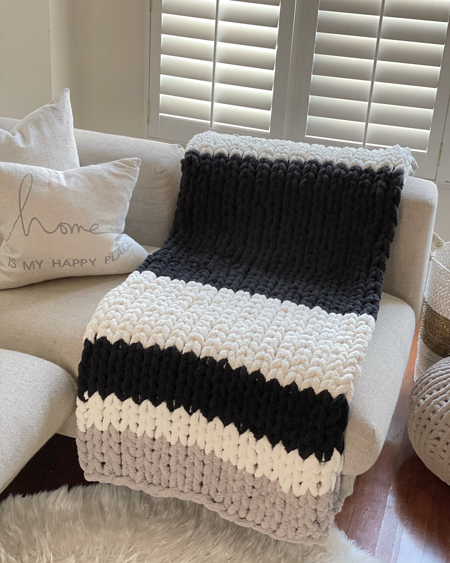 Chunky Chenille Blanket Pattern: Handknit Stripe Throw (PDF Pattern) Finger Knit