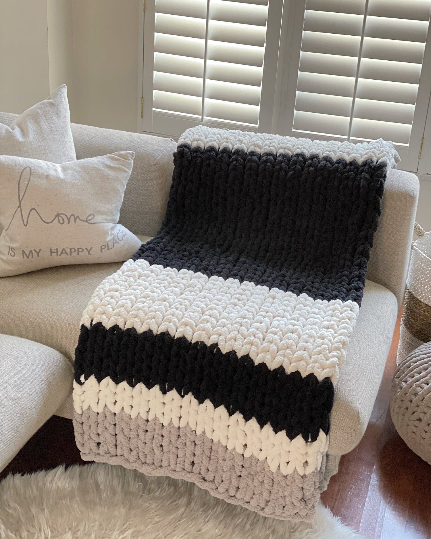 Chunky Chenille Blanket Pattern: Handknit Stripe Throw (PDF Pattern) Finger Knit