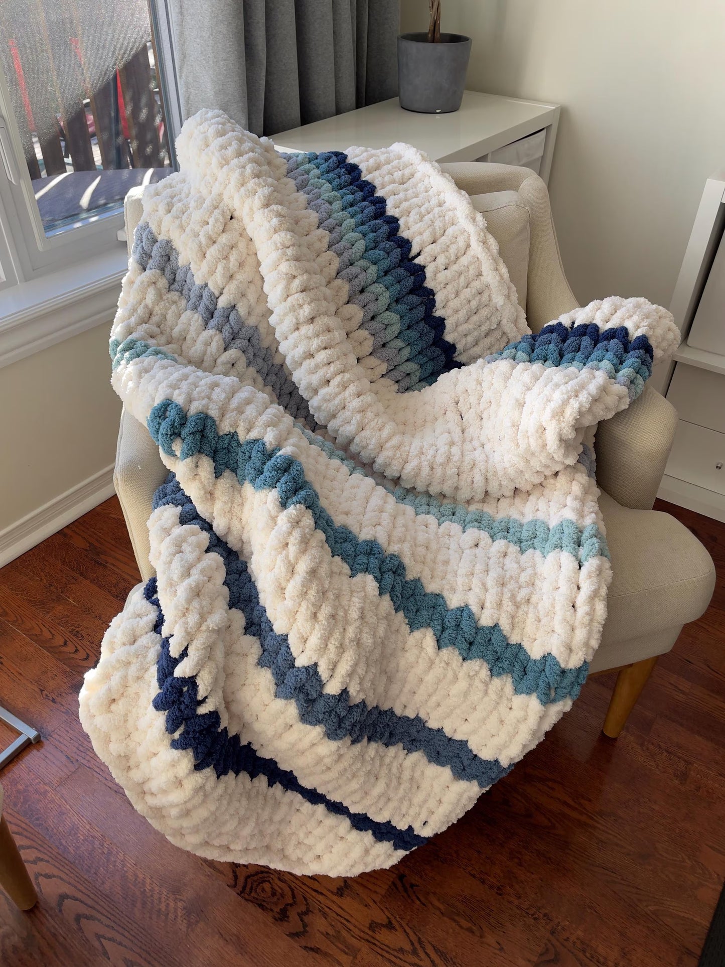 KNITTING PATTERN ~ Blue Bird Stripe Blanket Pattern ~ Chunky Chenille ~ Off By Heart Design ~ DIY