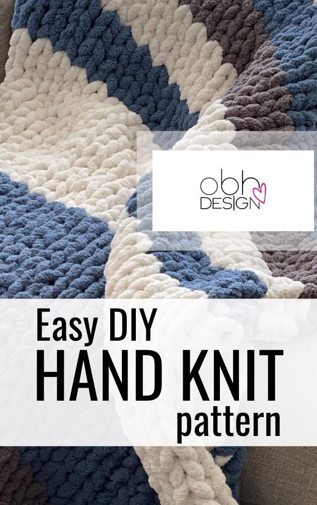 Chunky Chenille Blanket Finger Knitting Pattern: Blue, Grey, White Stripes (PDF Pattern)