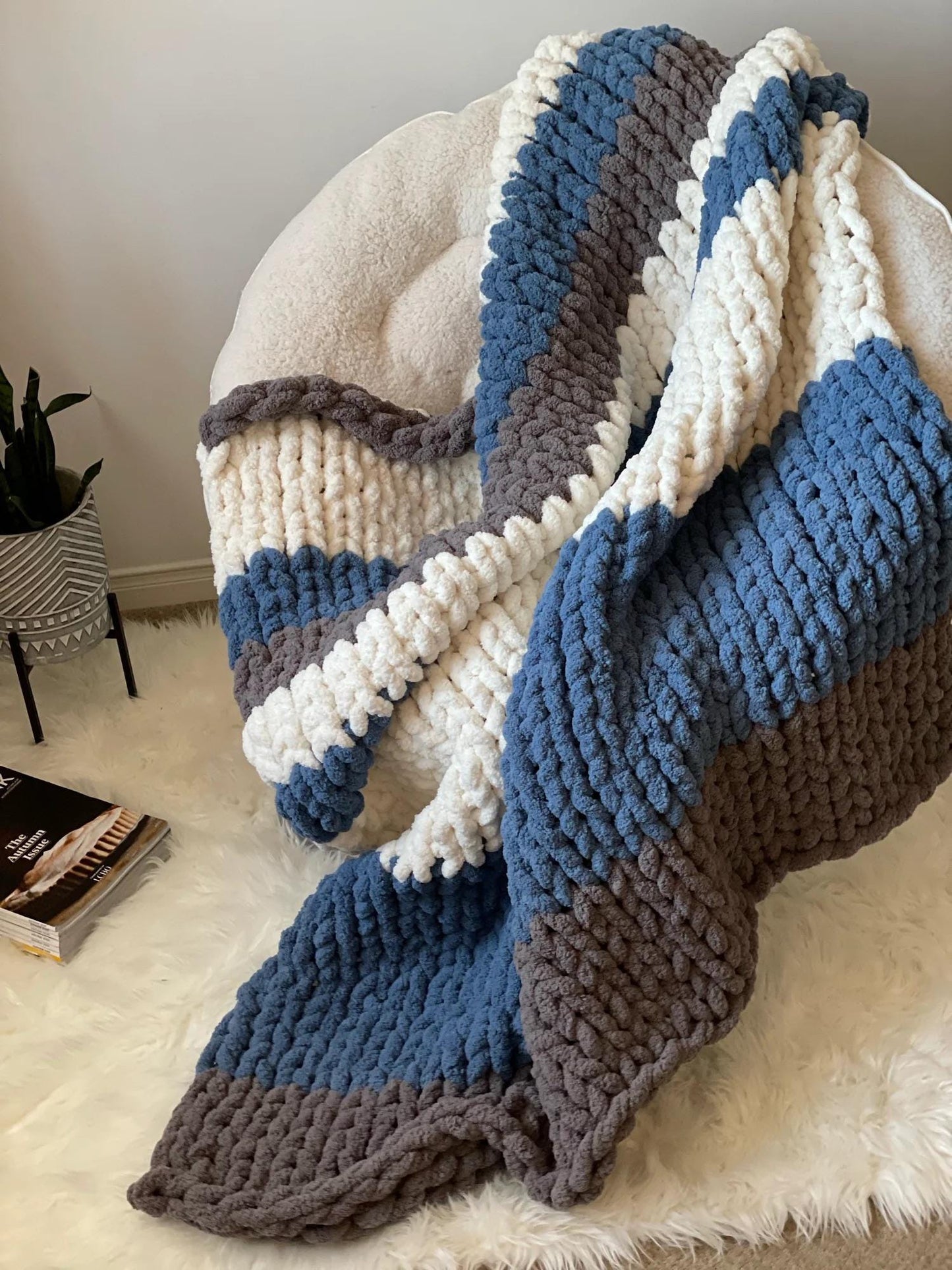 Chunky Chenille Blanket Finger Knitting Pattern: Blue, Grey, White Stripes (PDF Pattern)