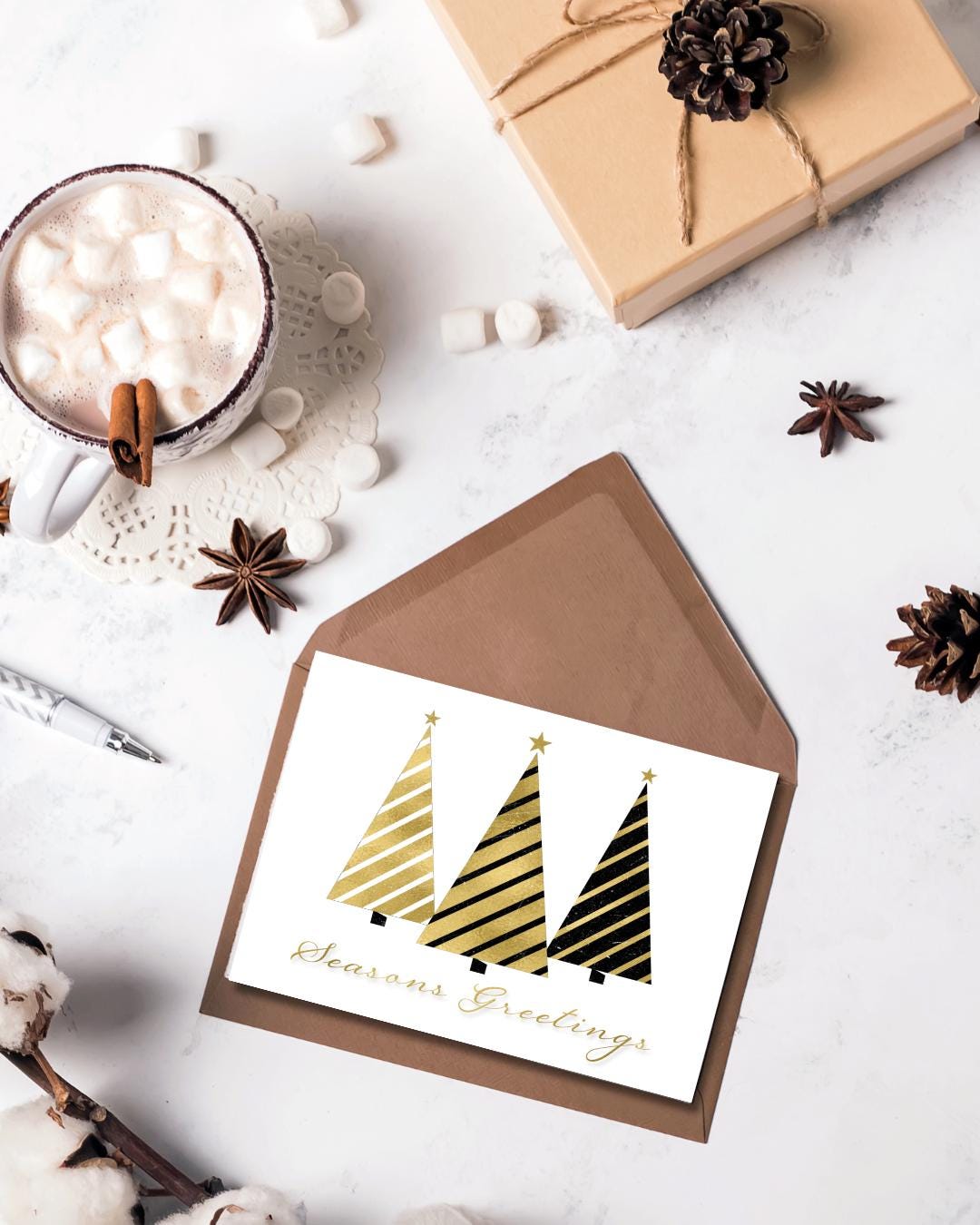Modern Gold Christmas Card – Seasons Greetings Printable (5x7" Digital Download)