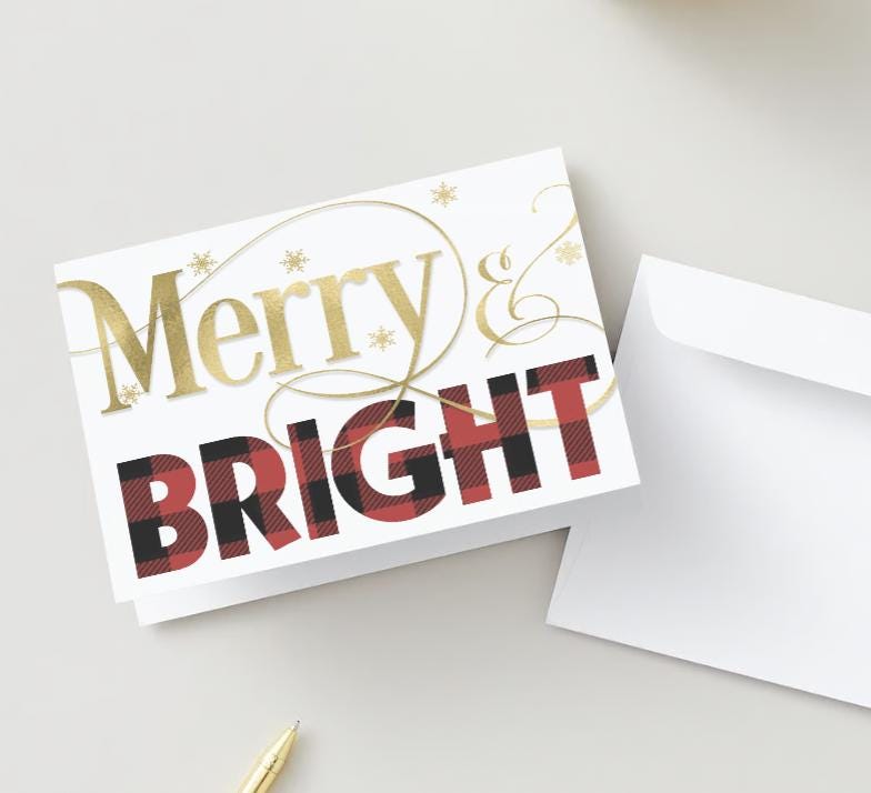 Merry & Bright Christmas Card | Rustic Buffalo Plaid Printable Holiday Card | Festive Digital Download