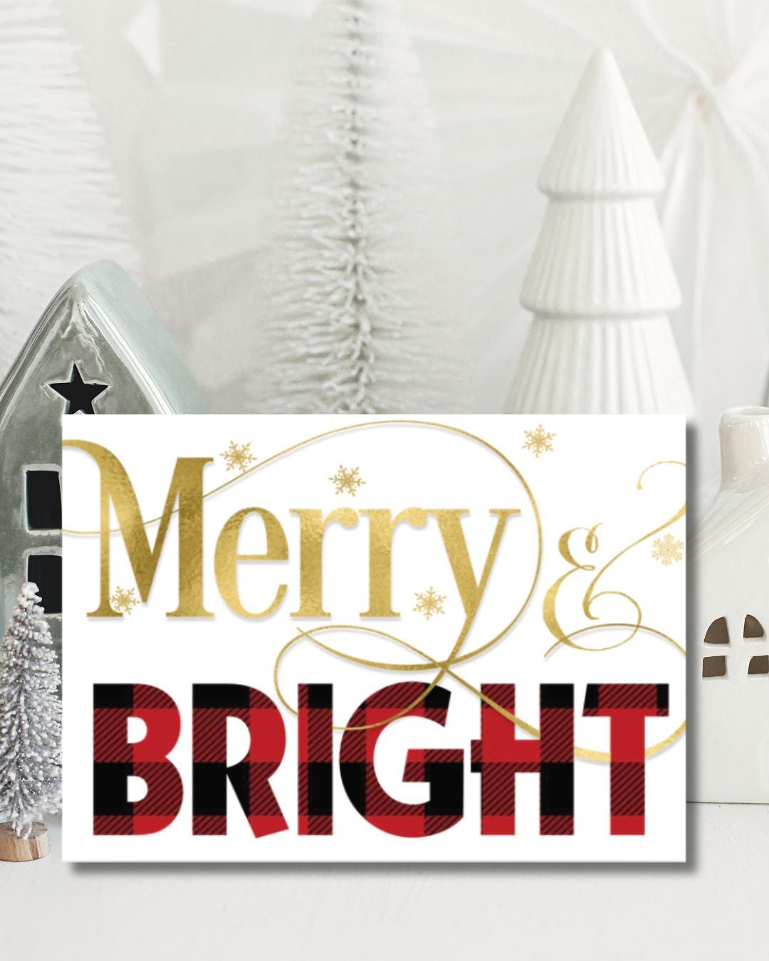 Merry & Bright Christmas Card | Rustic Buffalo Plaid Printable Holiday Card | Festive Digital Download