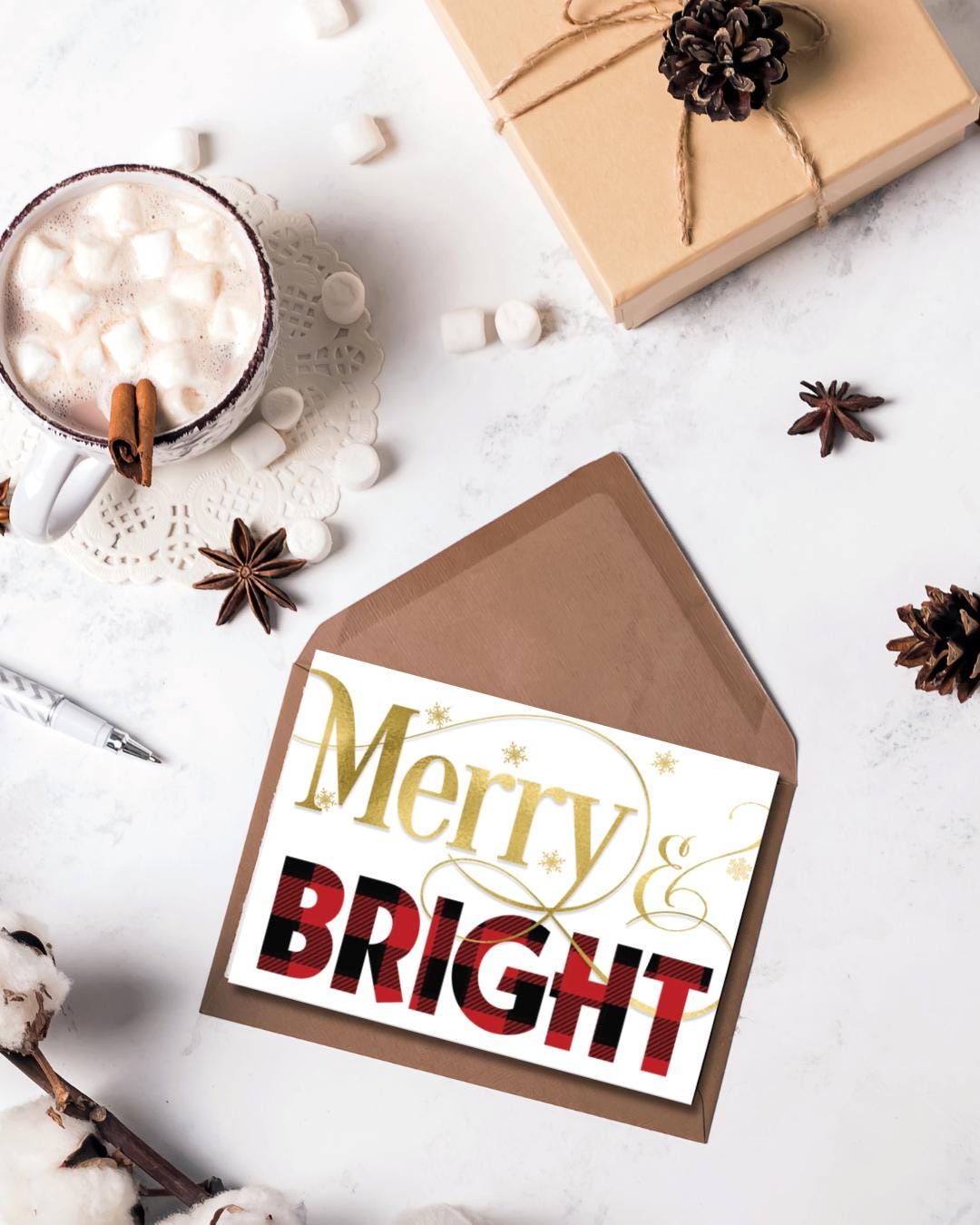 Merry & Bright Christmas Card | Rustic Buffalo Plaid Printable Holiday Card | Festive Digital Download