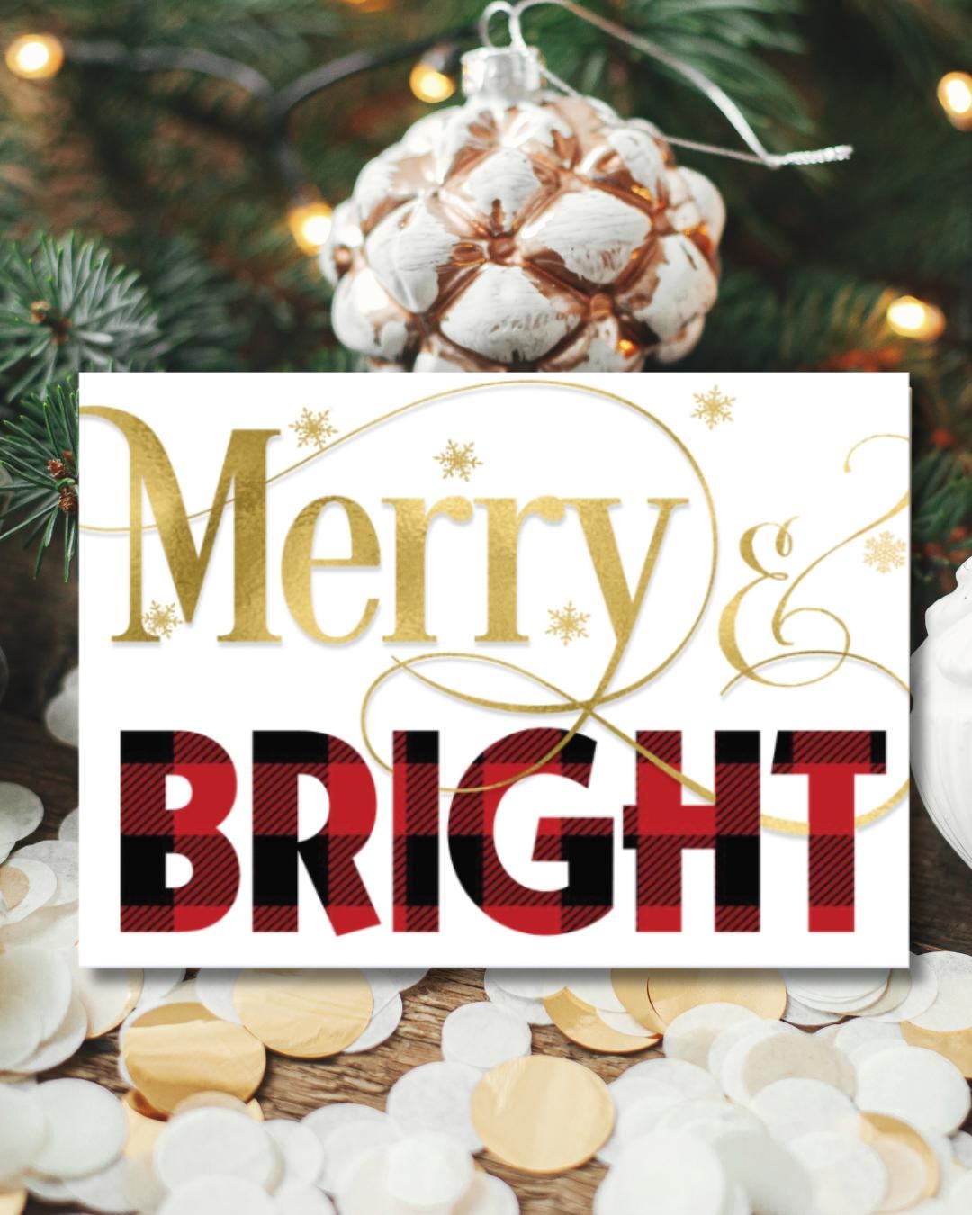 Merry & Bright Christmas Card | Rustic Buffalo Plaid Printable Holiday Card | Festive Digital Download
