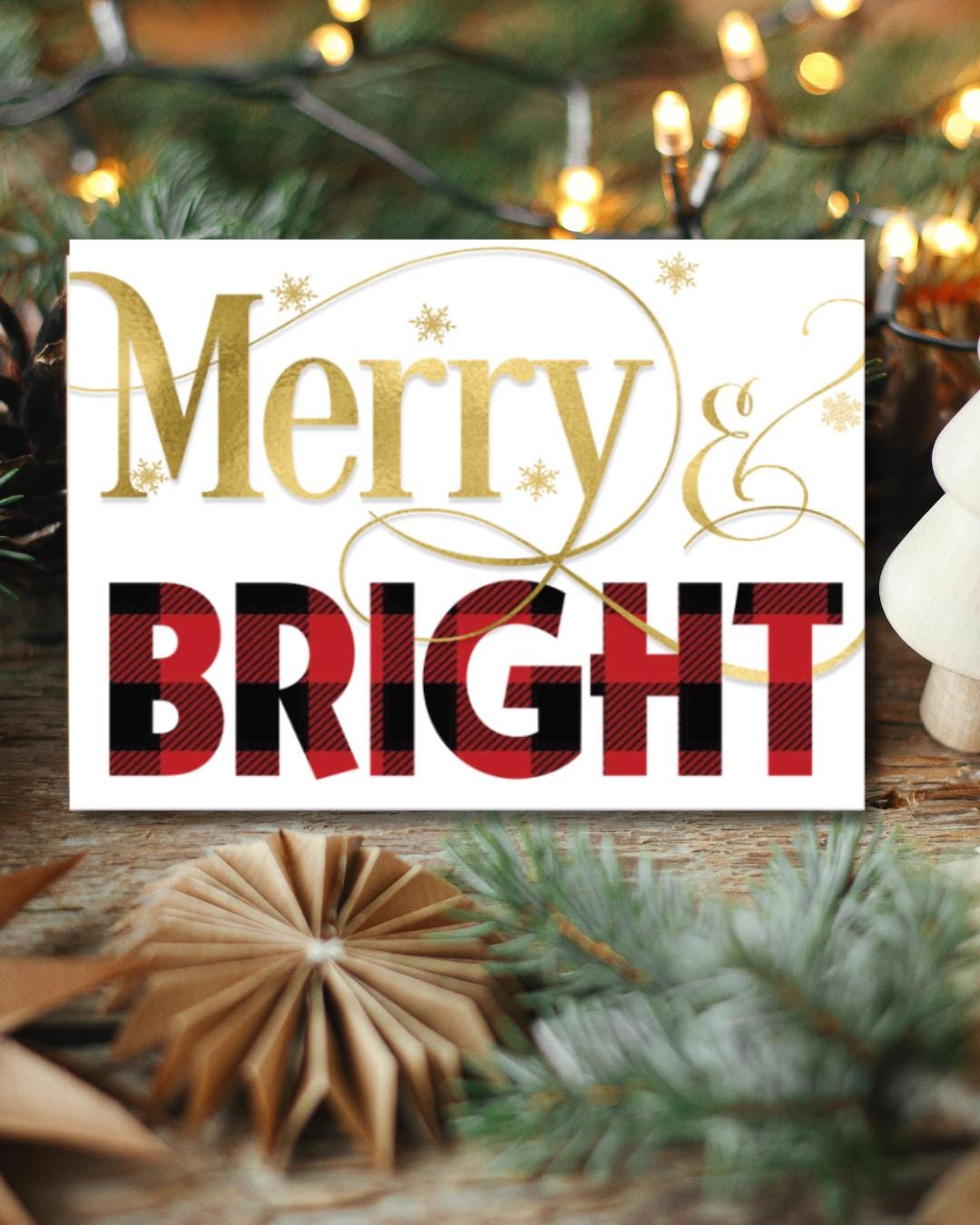 Merry & Bright Christmas Card | Rustic Buffalo Plaid Printable Holiday Card | Festive Digital Download