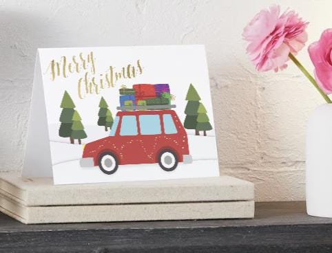 Printable Merry Christmas Card | Red Car with Gifts Digital Download 5"x7"