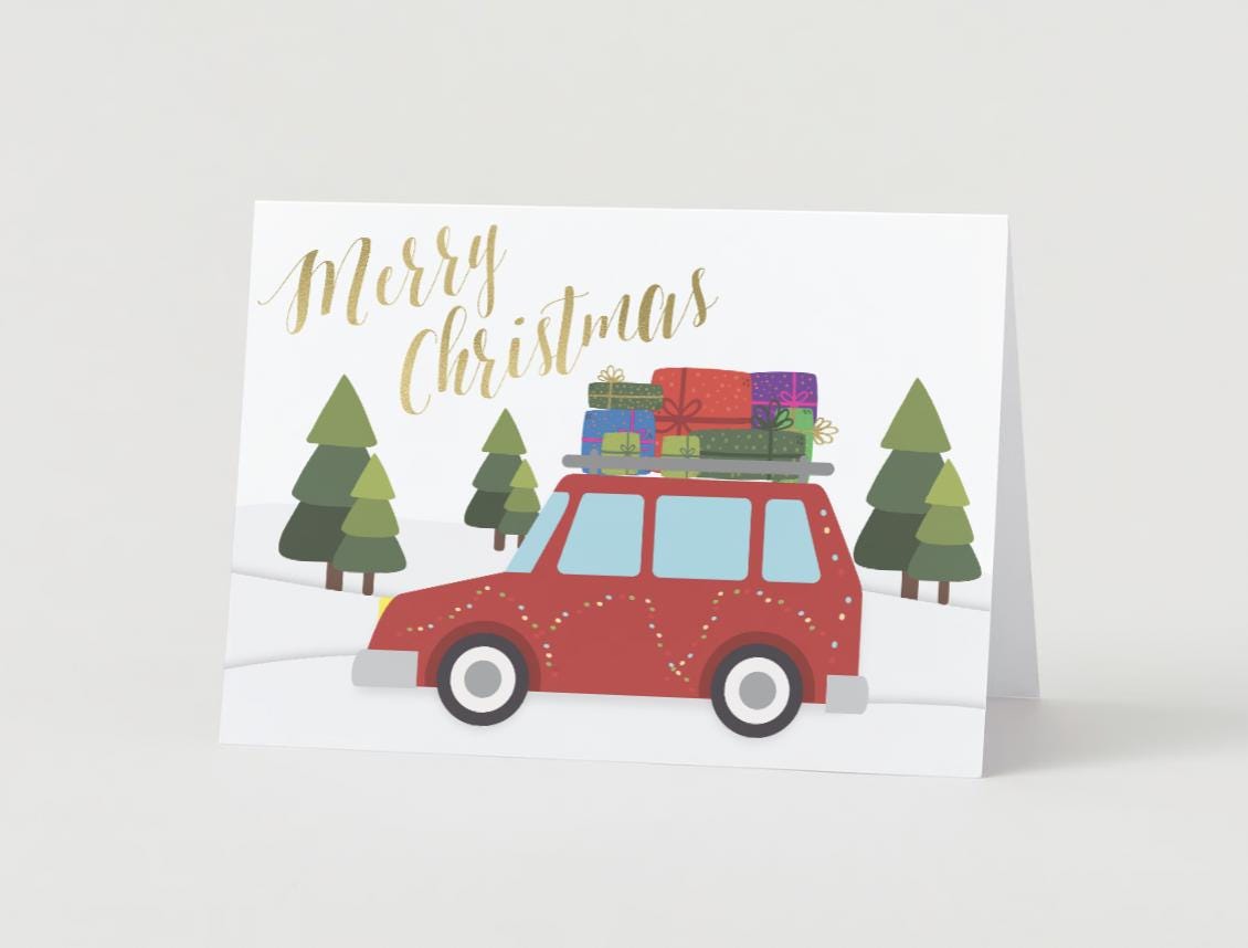 Printable Merry Christmas Card | Red Car with Gifts Digital Download 5"x7"