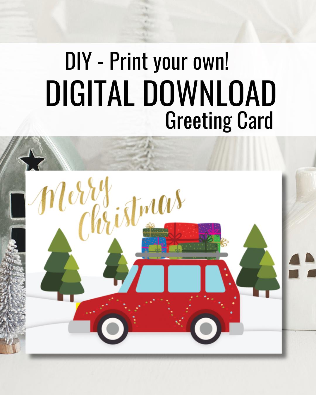 Printable Merry Christmas Card | Red Car with Gifts Digital Download 5"x7"