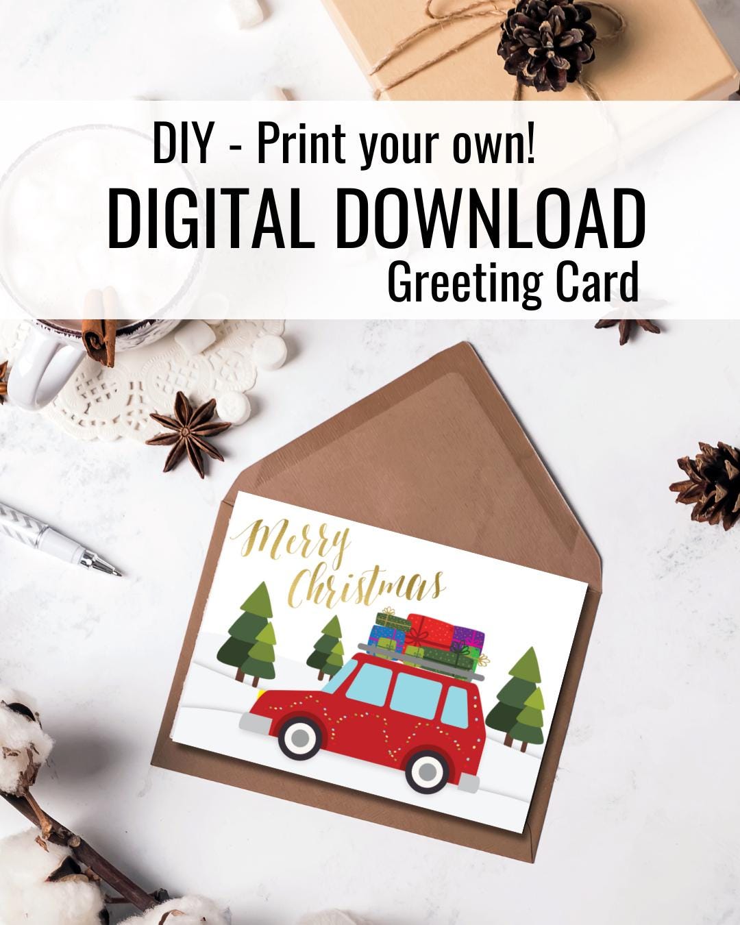 Printable Merry Christmas Card | Red Car with Gifts Digital Download 5"x7"