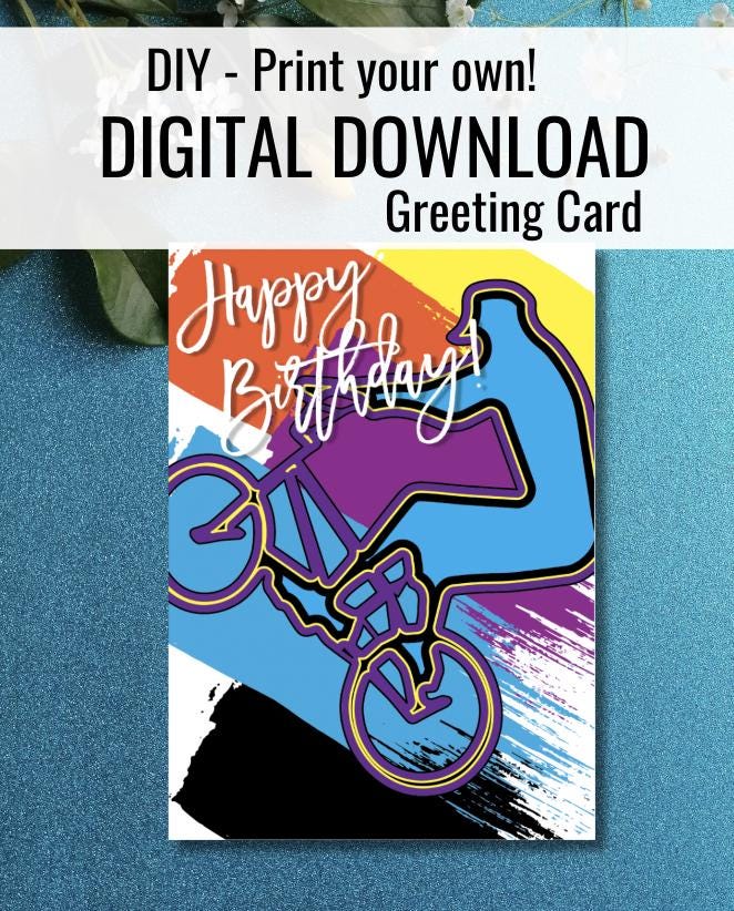 Digital Download BMX Birthday Card: Wheelie Design Printable (PDF)