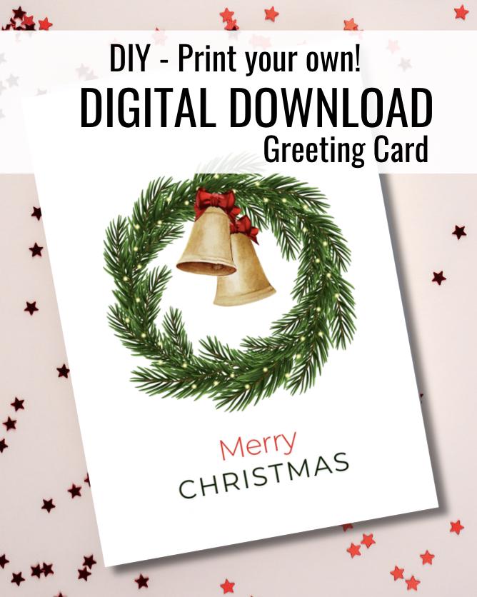 Rustic Christmas Bells Wreath Card | Printable & Editable Canva Template Holiday Card (PDF)