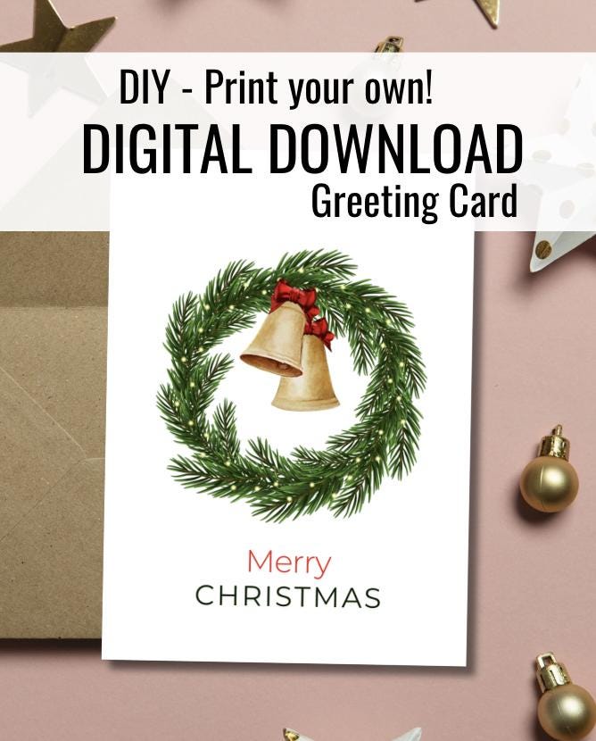 Rustic Christmas Bells Wreath Card | Printable & Editable Canva Template Holiday Card (PDF)