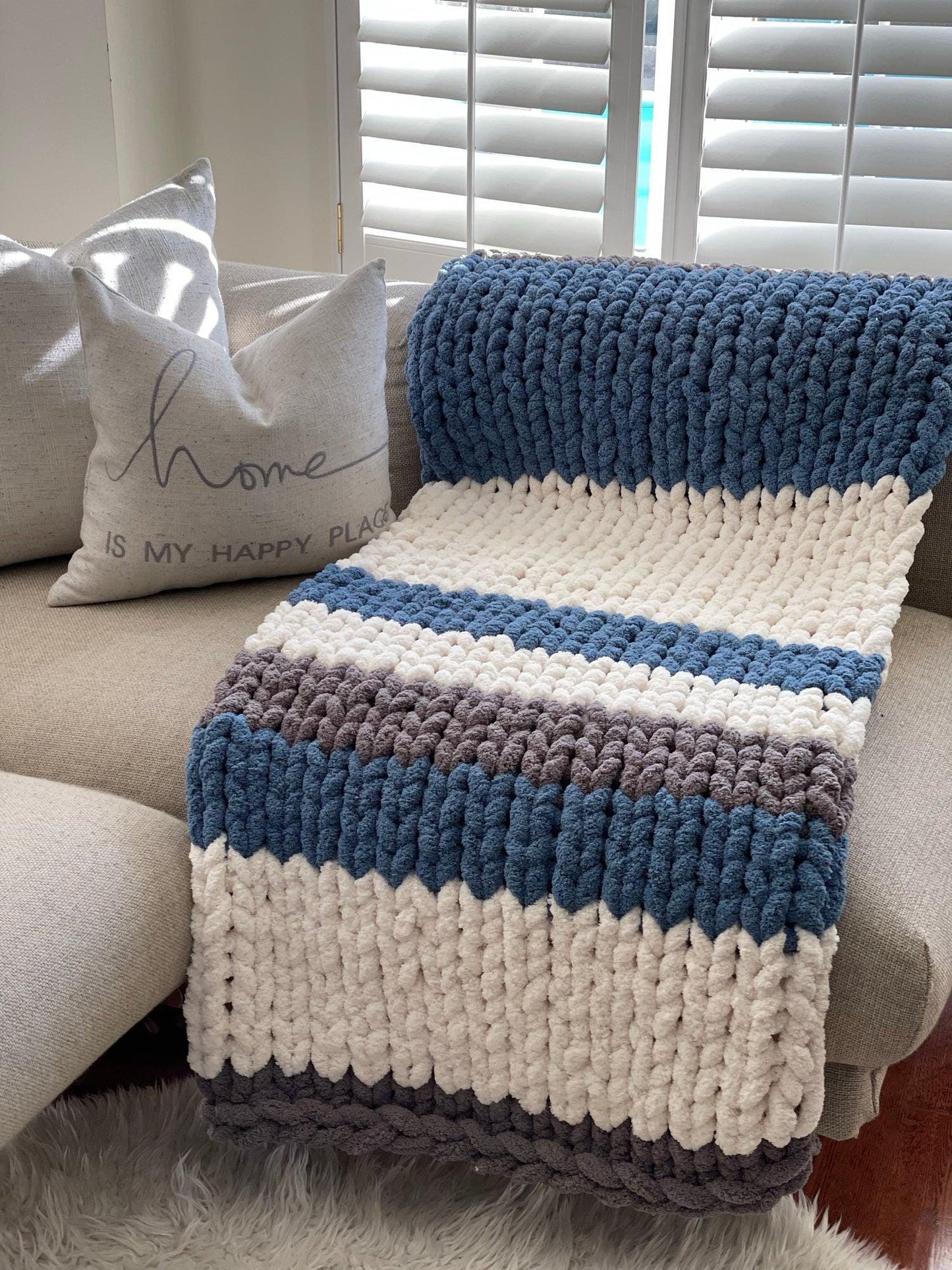 Chunky Chenille Blanket Finger Knitting Pattern: Blue, Grey, White Stripes (PDF Pattern)