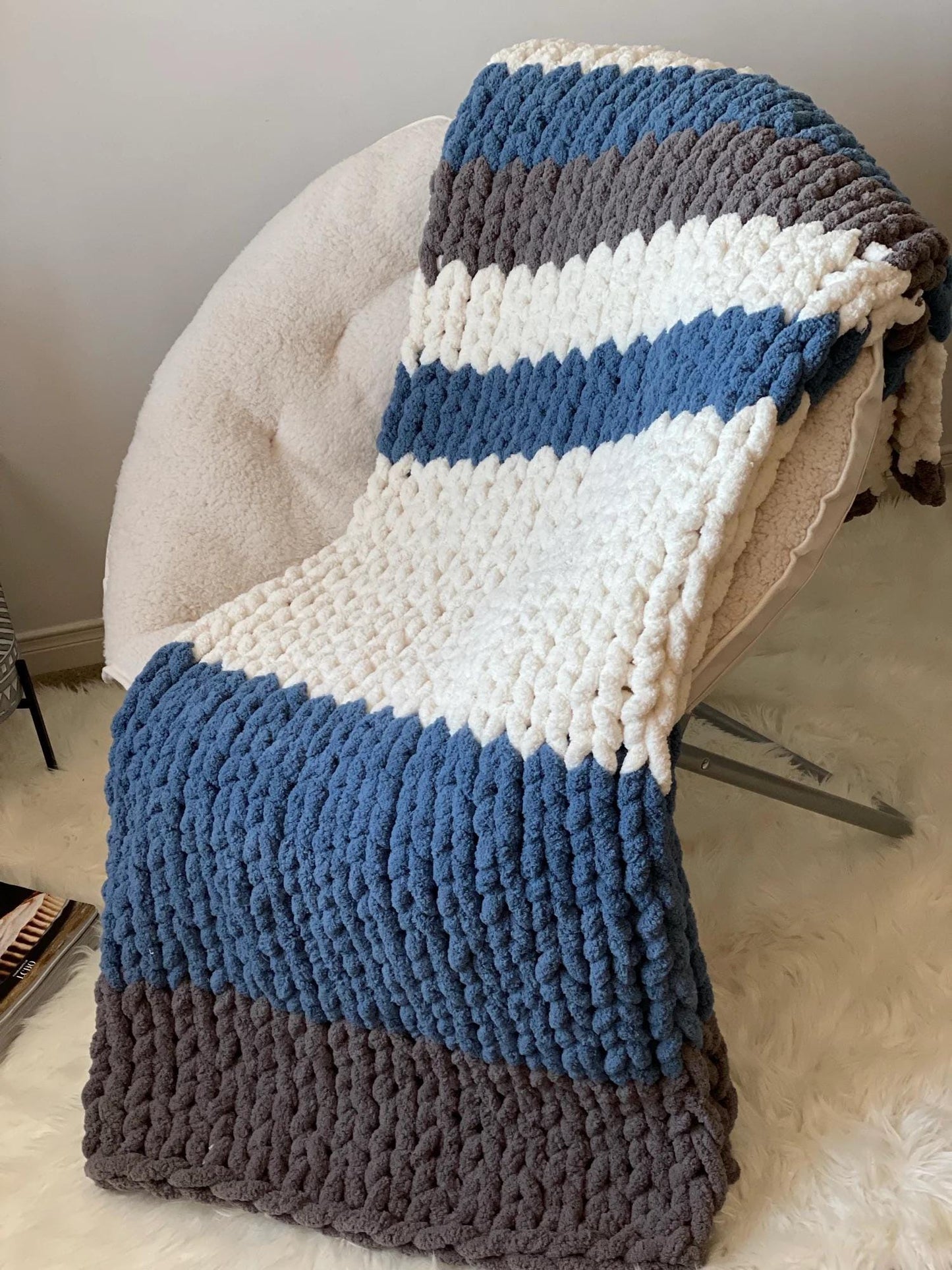 Chunky Chenille Blanket Finger Knitting Pattern: Blue, Grey, White Stripes (PDF Pattern)