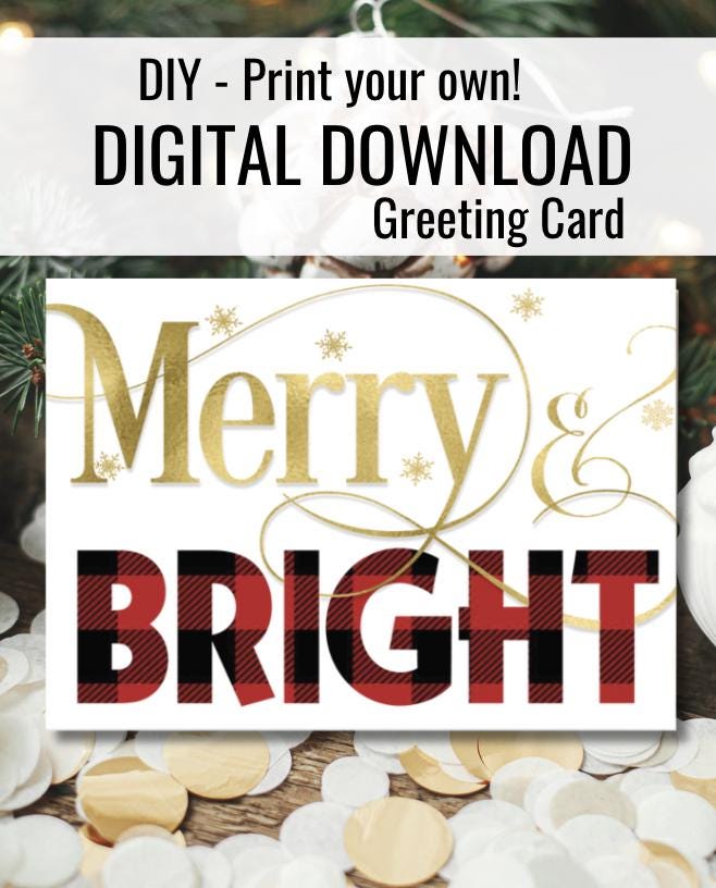 Merry & Bright Christmas Card | Rustic Buffalo Plaid Printable Holiday Card | Festive Digital Download