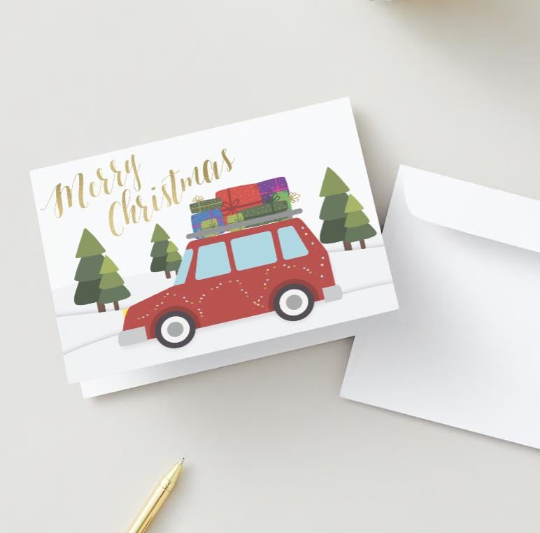Printable Merry Christmas Card | Red Car with Gifts Digital Download 5"x7"