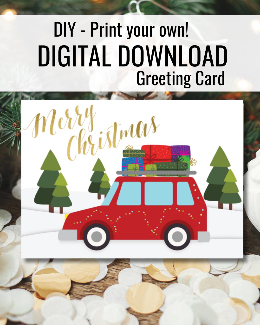 Printable Merry Christmas Card | Red Car with Gifts Digital Download 5"x7"