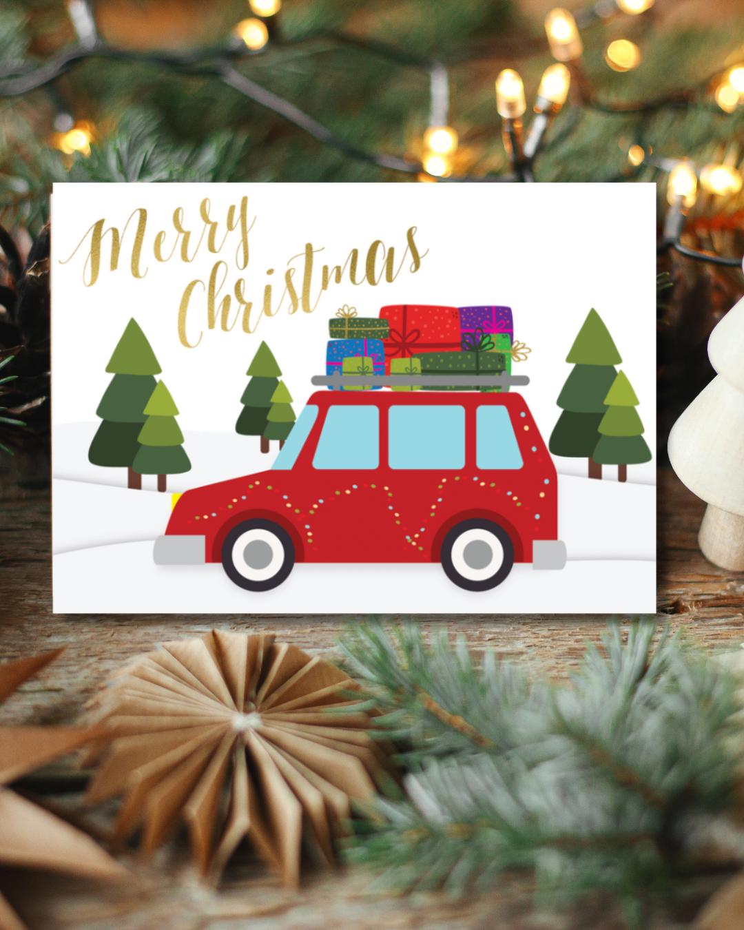 Printable Merry Christmas Card | Red Car with Gifts Digital Download 5"x7"
