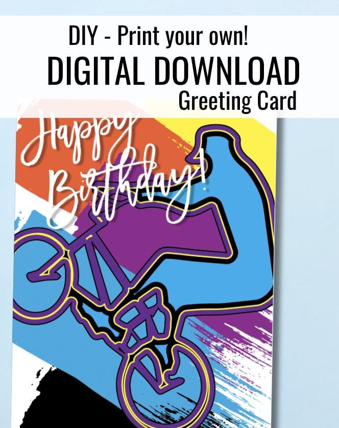 Digital Download BMX Birthday Card: Wheelie Design Printable (PDF)