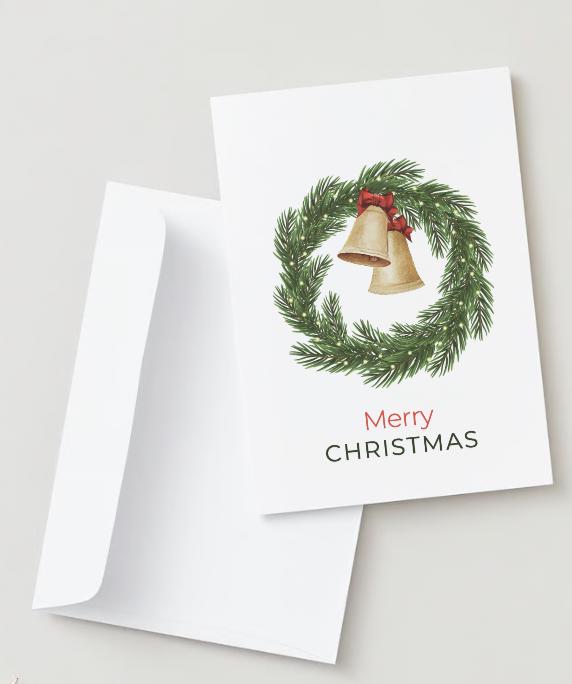 Rustic Christmas Bells Wreath Card | Printable & Editable Canva Template Holiday Card (PDF)