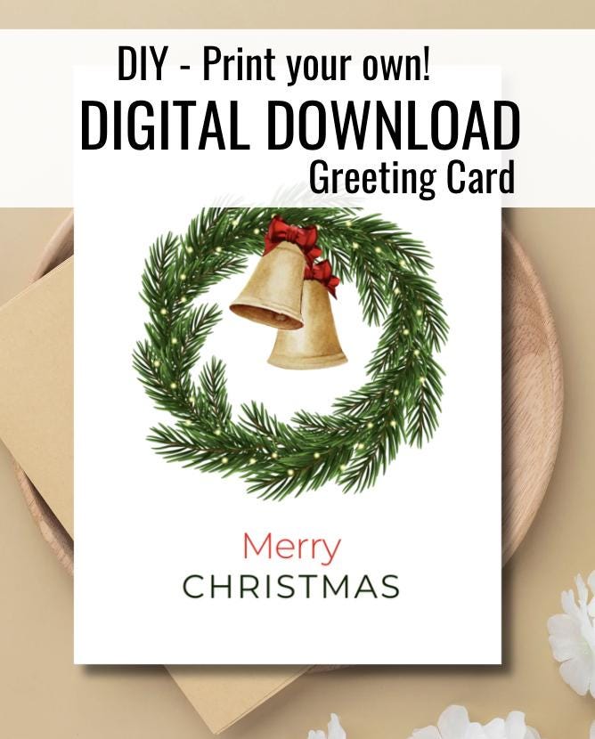 Rustic Christmas Bells Wreath Card | Printable & Editable Canva Template Holiday Card (PDF)