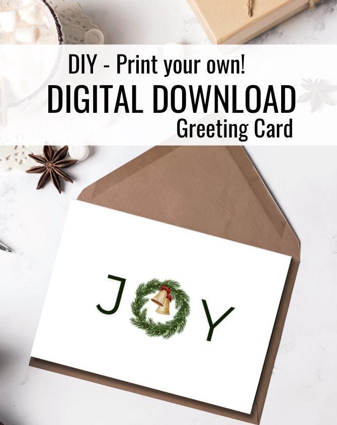 Joy Wreath | Christmas Greeting Card | Minimalist Printable Holiday Card | Festive Digital Download